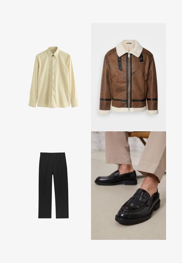 Brun læderjakke med sorte akcenter og en shearlingkrave. Har en frontlynlås og skulderremdetaljer. Tekstureret overflade.; Lys gul skjorte med knap, der har lodrette hvide og mørkere gule striber, lange ærmer og en klassisk krave. Glat stoftekstur.; Sorte bukser med lige ben, lavet af et glat stof. Har frontfolder og en enkelt knaplukning i taljen.; Sorte lædermokkasiner med en glat overflade, der har en dekorativ rem og kontraststing, parret med beige bukser.