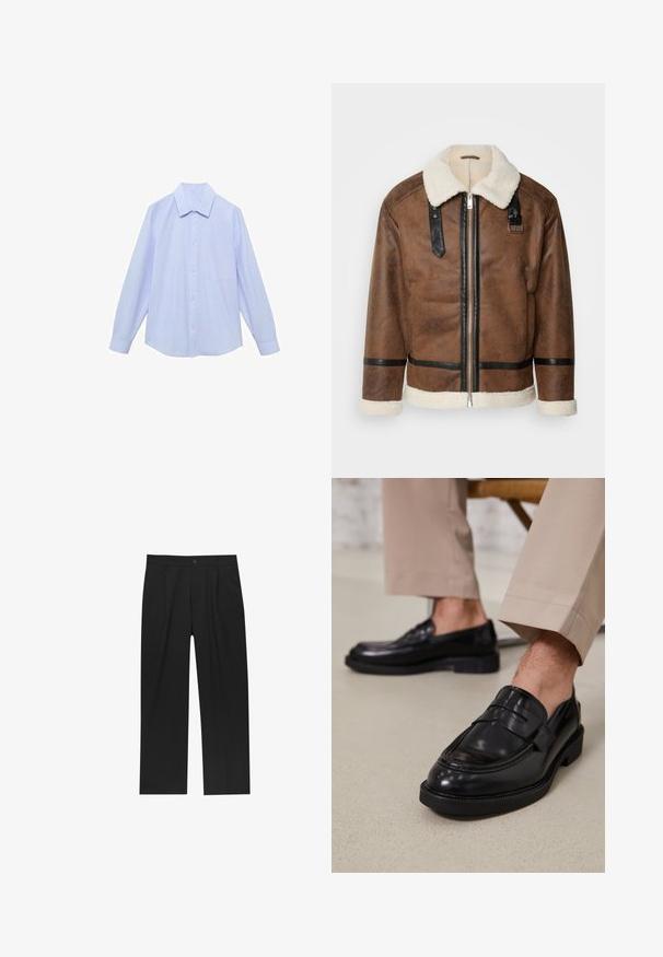 Giacca in pelle marrone con dettagli neri e colletto in pelliccia. Caratterizzata da una cerniera frontale e dettagli sulle spalle. Finitura testurizzata.; Camicia a maniche lunghe di colore blu chiaro con strisce verticali bianche, dotata di colletto classico e un'unica tasca sul petto.; Pantaloni neri con un design a gamba dritta, realizzati in un tessuto liscio. Presentano pieghe frontali e una chiusura a un bottone in vita.; Mocassini in pelle nera con finitura liscia, dotati di una cintura decorativa e cuciture a contrasto, abbinati a pantaloni beige.