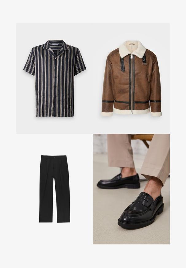 Hnědá kožená bunda s černými akcenty a límcem z ovčí vlny. Obsahuje přední zip a detaily na ramenním popruhu. Texturovaný povrch.; Námořnická košile s krátkým rukávem a vertikálními krémovými pruhy, s klopou, přední kapsou a zapínáním na knoflíky, vyrobená z lehké, měkké látky.; Černé kalhoty s rovnými nohavicemi, vyrobené z hladké tkaniny. Mají přední záhyby a jedno knoflíkové zapínání v pase.; Černé kožené loafers s hladkým povrchem, zdobené páskem a kontrastním prošíváním, spárované s béžovými kalhotami.
