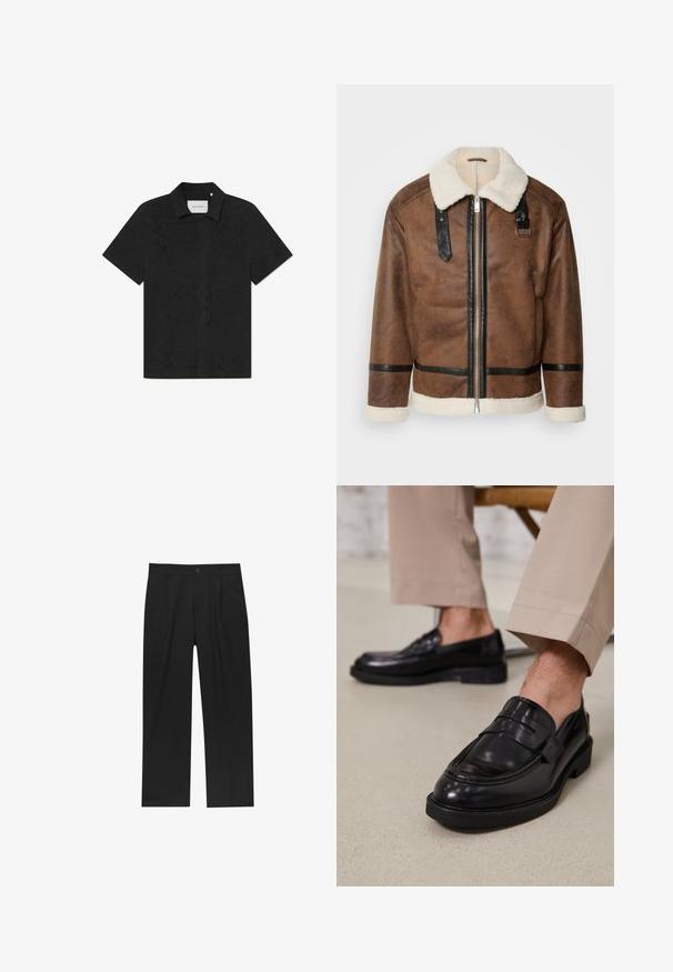 Barna bőrkabát fekete díszítéssel és báránybőr gallérral. Elülső cipzárral és vállpánt részletekkel rendelkezik. Griffes felület.; Rövid ujjú fekete ing lélegző anyagból, bonyolult kivágott mintákkal és gombos elülső résszel.; Fekete nadrág egyenes szárú kialakítással, sima anyagból készült. Elöl redők és egy gombos záródás található a derékon.; Fekete bőr loaferek sima felülettel, díszítő pánttal és kontrasztos varrással, bézs nadrággal párosítva.