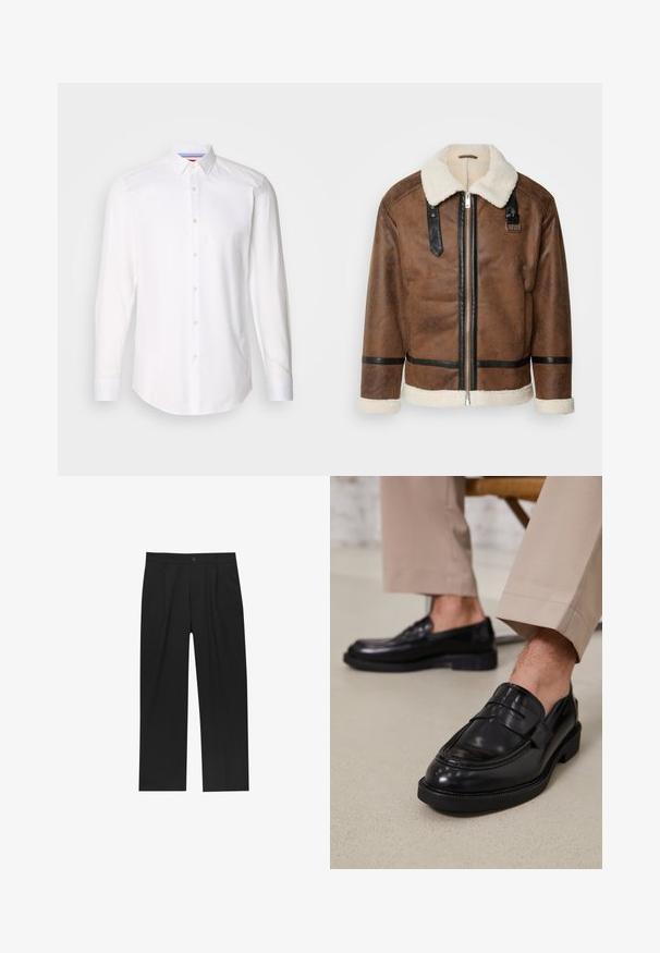 Hnedá kožená bunda s čiernymi akcentmi a ovčím golierom. Má predný zips a detaily na ramene. Štruktúrovaný povrch.; HUGO KOEY - Formálna košeľa - open white; Čierne nohavice s rovnými nohavicami, vyrobené z hladkej tkaniny. Majú predné puky a jediné gombíkové zapínanie v páse.; Čierne kožené poltopánky s hladkým povrchom, so zdobným remienkom a kontrastným prešívaním, skombinované s béžovými nohavicami.