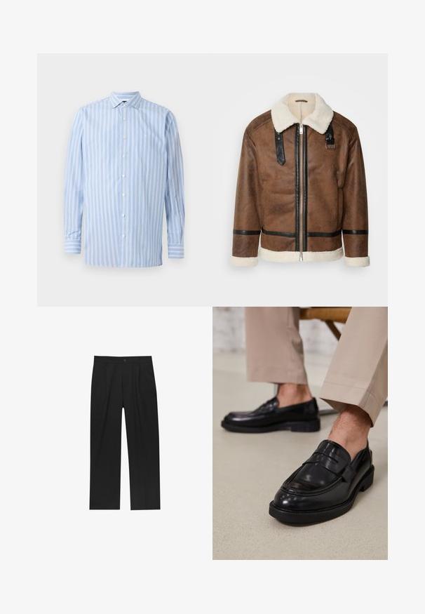 Rjava usnjena jakna z črnimi detajli in ovratnikom iz ovčje kože. Ima sprednji zadrgo in detajle na ramenskem pasu. Teksturiran zaključek.; Svetlo modra dolgimi rokavi srajca z navpičnimi belimi in svetlo modrimi črtami, zapirana na gumbe, s ovratnikom in majhnim vezenim logotipom na prsih.; Črne hlače z ravnim krojem, narejene iz gladkega materiala. Imajo sprednje gube in enojno zaponko na pasu.; Črne usnjene loafer čevlje z gladko površino, ki imajo okrasno zaponko in kontrastno šivanje, v kombinaciji s bež hlačami.
