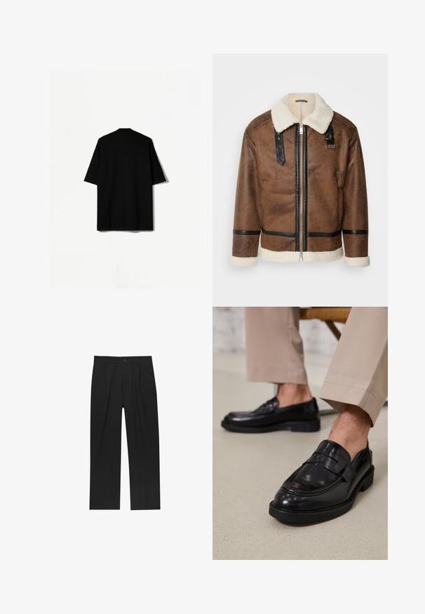 Brązowa skórzana kurtka z czarnymi akcentami i kołnierzem z wełny owczej. Posiada zamek błyskawiczny z przodu i detale na pasku na ramieniu. Teksturowana powierzchnia.; Czarna koszula krótki rękaw, charakteryzująca się luźnym krojem, teksturowanym materiałem i kołnierzykiem. Tył ma bezszwowy design bez widocznych szwów.; Czarne spodnie o prostym kroju, wykonane z gładkiego materiału. Posiadają zakładki z przodu i pojedyncze zapięcie na guziki w pasie.; Czarne skórzane mokasyny o gładkim wykończeniu, z dekoracyjnym paskiem i kontrastowym szwem, w połączeniu z beżowymi spodniami.