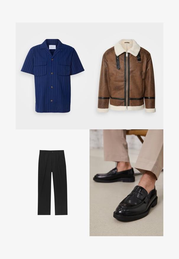 Brązowa skórzana kurtka z czarnymi akcentami i kołnierzem z wełny owczej. Posiada zamek błyskawiczny z przodu i detale na pasku na ramieniu. Teksturowana powierzchnia.; Koszula z krótkim rękawem w kolorze granatowym z teksturowanym, prążkowanym wzorem, z dwiema kieszeniami na piersi i brązowymi guzikami z przodu oraz przy kołnierzyku.; Czarne spodnie o prostym kroju, wykonane z gładkiego materiału. Posiadają zakładki z przodu i pojedyncze zapięcie na guziki w pasie.; Czarne skórzane mokasyny o gładkim wykończeniu, z dekoracyjnym paskiem i kontrastowym szwem, w połączeniu z beżowymi spodniami.