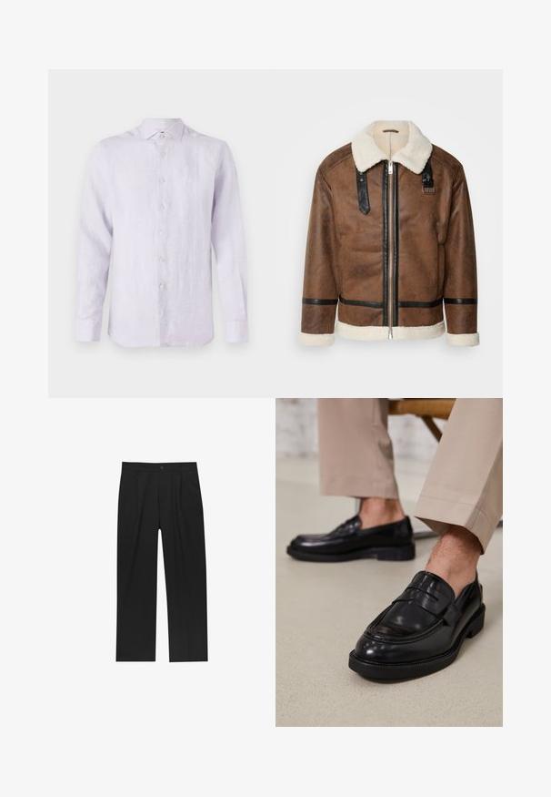 Bruineleren jas met zwarte accenten en een schapenvachtkraag. Heeft een rits aan de voorkant en schouderbanddetails. Gestructureerde afwerking.; Licht lavendelkleurig linnen overhemd met lange mouwen, met een button-down kraag, knopen aan de voorkant en een subtiele structuur. Klein logo op de borst.; Zwarte broeken met een recht model, gemaakt van een gladde stof. Voorzien van een voorplooien en een enkele knoopsluiting bij de taille.; Zwarte leren loafers met een gladde afwerking, voorzien van een decoratieve band en contrasterende stiksels, gecombineerd met beige broeken.