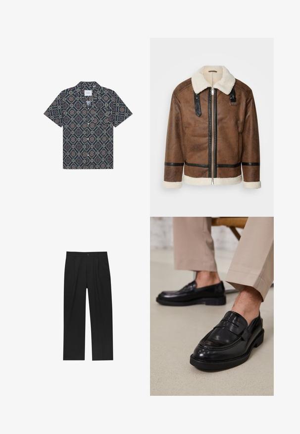 Brązowa skórzana kurtka z czarnymi akcentami i kołnierzem z wełny owczej. Posiada zamek błyskawiczny z przodu i detale na pasku na ramieniu. Teksturowana powierzchnia.; Koszula z krótkim rękawem, wykonana z ciemnoniebieskiego materiału z geometrycznym wzorem kwiatowym w żywych kolorach, z zapięciem na guziki z przodu i luźnym kołnierzykiem.; Czarne spodnie o prostym kroju, wykonane z gładkiego materiału. Posiadają zakładki z przodu i pojedyncze zapięcie na guziki w pasie.; Czarne skórzane mokasyny o gładkim wykończeniu, z dekoracyjnym paskiem i kontrastowym szwem, w połączeniu z beżowymi spodniami.