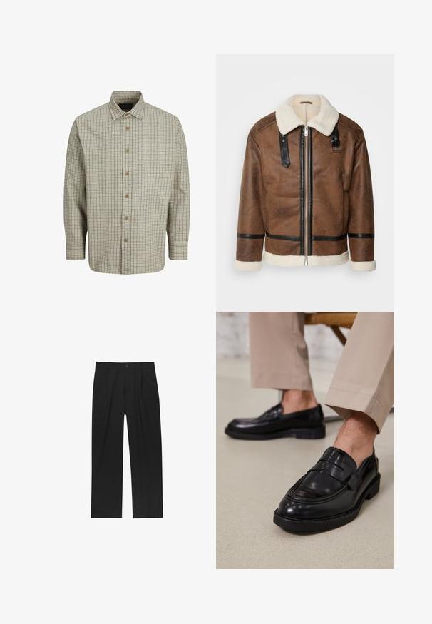 Hnědá kožená bunda s černými akcenty a límcem z ovčí vlny. Obsahuje přední zip a detaily na ramenním popruhu. Texturovaný povrch.; Košile na knoflíky vyrobená z lehkého materiálu, s béžovým a tmavě modrým kostkovaným vzorem, širokým límcem a dřevěnými knoflíky.; Černé kalhoty s rovnými nohavicemi, vyrobené z hladké tkaniny. Mají přední záhyby a jedno knoflíkové zapínání v pase.; Černé kožené loafers s hladkým povrchem, zdobené páskem a kontrastním prošíváním, spárované s béžovými kalhotami.