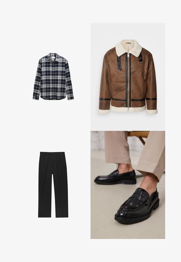 Bruineleren jas met zwarte accenten en een schapenvachtkraag. Heeft een rits aan de voorkant en schouderbanddetails. Gestructureerde afwerking.; Marineblauwe en grijze geruite overhemd met lange mouwen, een kraag met knopen en knopen aan de voorkant, gemaakt van een zachte, gestructureerde stof.; Zwarte broeken met een recht model, gemaakt van een gladde stof. Voorzien van een voorplooien en een enkele knoopsluiting bij de taille.; Zwarte leren loafers met een gladde afwerking, voorzien van een decoratieve band en contrasterende stiksels, gecombineerd met beige broeken.