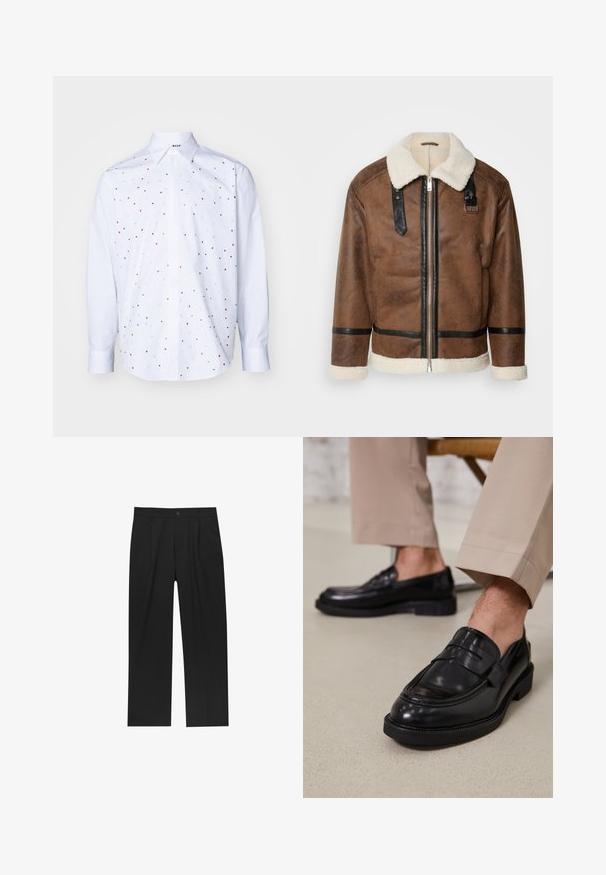 Brun læderjakke med sorte akcenter og en shearlingkrave. Har en frontlynlås og skulderremdetaljer. Tekstureret overflade.; MSGM CAMICIA - Skjorter - white; Sorte bukser med lige ben, lavet af et glat stof. Har frontfolder og en enkelt knaplukning i taljen.; Sorte lædermokkasiner med en glat overflade, der har en dekorativ rem og kontraststing, parret med beige bukser.