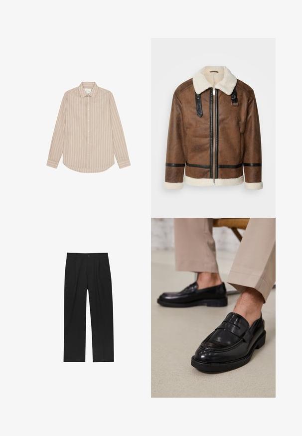 Giacca in pelle marrone con dettagli neri e colletto in pelliccia. Caratterizzata da una cerniera frontale e dettagli sulle spalle. Finitura testurizzata.; Camicia beige a maniche lunghe con strisce bianche verticali, colletto a camicia e orlo arrotondato. Presenta bottoni bianchi e un ricamo del logo discreto.; Pantaloni neri con un design a gamba dritta, realizzati in un tessuto liscio. Presentano pieghe frontali e una chiusura a un bottone in vita.; Mocassini in pelle nera con finitura liscia, dotati di una cintura decorativa e cuciture a contrasto, abbinati a pantaloni beige.