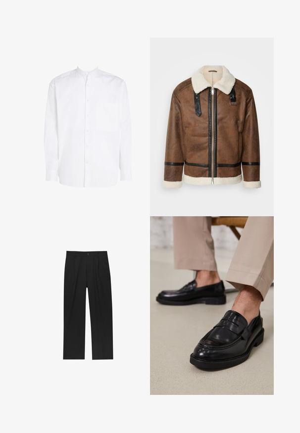 Giacca in pelle marrone con dettagli neri e colletto in pelliccia. Caratterizzata da una cerniera frontale e dettagli sulle spalle. Finitura testurizzata.; Camicia bianca a maniche lunghe con colletto alla francese, chiusura frontale con bottoni e una tasca sul petto. Realizzata in morbido tessuto di cotone.; Pantaloni neri con un design a gamba dritta, realizzati in un tessuto liscio. Presentano pieghe frontali e una chiusura a un bottone in vita.; Mocassini in pelle nera con finitura liscia, dotati di una cintura decorativa e cuciture a contrasto, abbinati a pantaloni beige.