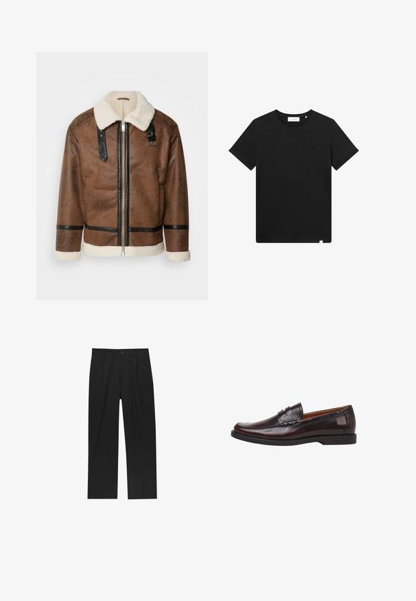 Brown leather jacket with black accents and a shearling collar. Features a front zipper and shoulder strap detail. Textured finish.; Black short-sleeve T-shirt made of cotton, featuring a crew neck and a small logo embroidered on the chest. Smooth texture, standard fit.; Black pants with a straight-leg design, made from a smooth fabric. Features front pleats and a single button closure at the waist.; Men's burgundy leather loafers with a smooth finish, decorative stitching, and a low black rubber heel. Classic design with slip-on style.
