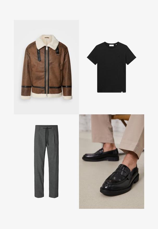 Braune Lederjacke mit schwarzen Akzenten und einem Schaffellkragen. Verfügt über einen Frontreißverschluss und einen Schulterriemen. Strukturierte Oberfläche.; Schwarzes T-Shirt mit kurzen Ärmeln aus Baumwolle, mit Rundhalsausschnitt und einem kleinen, auf der Brust gestickten Logo. Glatte Textur, normale Passform.; Graue, maßgeschneiderte Hose mit strukturiertem Muster, ausgestattet mit einer Kordelzug taille und zwei seitlichen Taschen. Gerade Beinform, ohne Umschläge.; Schwarze Lederloafers mit glatter Oberfläche, ausgestattet mit einem dekorativen Riemen und Kontrastnähten, kombiniert mit beigen Hosen.