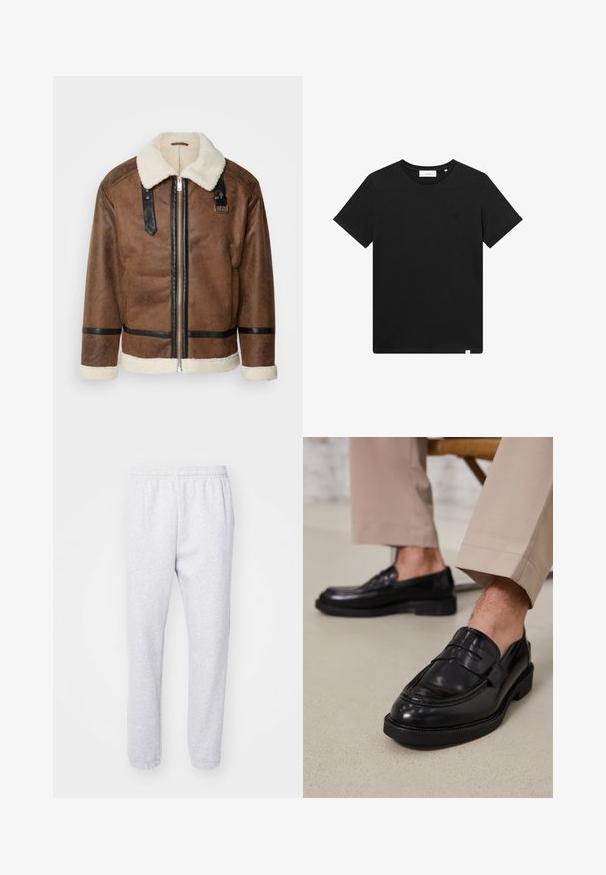 Brun læderjakke med sorte akcenter og en shearlingkrave. Har en frontlynlås og skulderremdetaljer. Tekstureret overflade.; Sort kortærmet T-shirt lavet af bomuld, med rund hals og et lille logo broderet på brystet. Glat tekstur, standard pasform.; Lysegrå joggingbukser lavet af blød bomuldsblanding, med elastisk talje og tætsiddende manchetter ved anklerne. Ingen synlige mønstre eller logoer.; Sorte lædermokkasiner med en glat overflade, der har en dekorativ rem og kontraststing, parret med beige bukser.