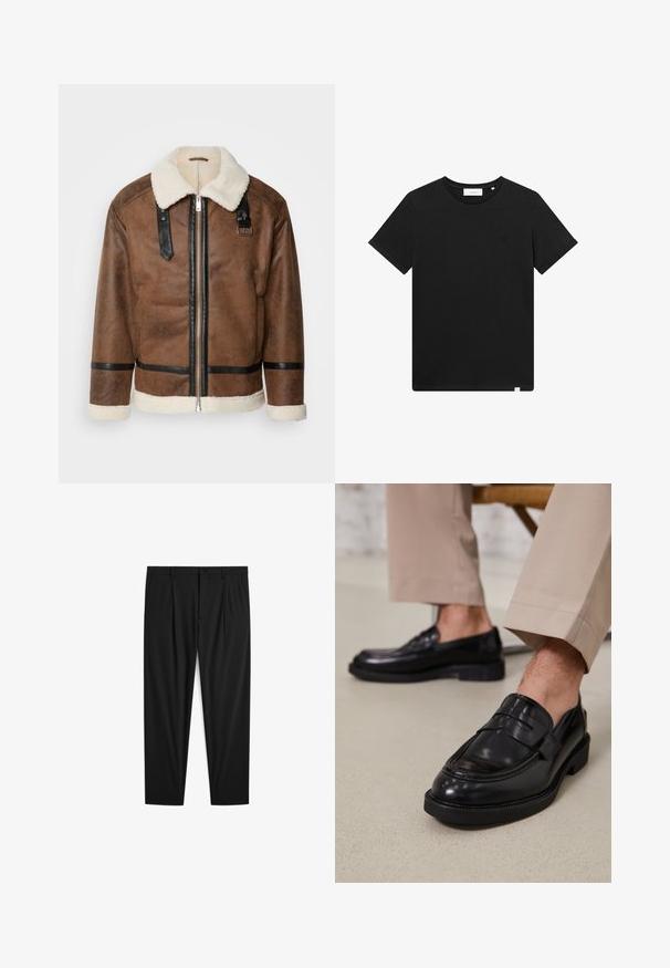 Giacca in pelle marrone con dettagli neri e colletto in pelliccia. Caratterizzata da una cerniera frontale e dettagli sulle spalle. Finitura testurizzata.; T-shirt nera a maniche corte in cotone, con scollatura rotonda e un piccolo logo ricamato sul petto. Tessuto liscio, vestibilità standard.; Pantaloni neri su misura con frontale piatto, due pieghe e chiusura con bottone. Texture liscia con gambe dritte e senza motivi visibili.; Mocassini in pelle nera con finitura liscia, dotati di una cintura decorativa e cuciture a contrasto, abbinati a pantaloni beige.