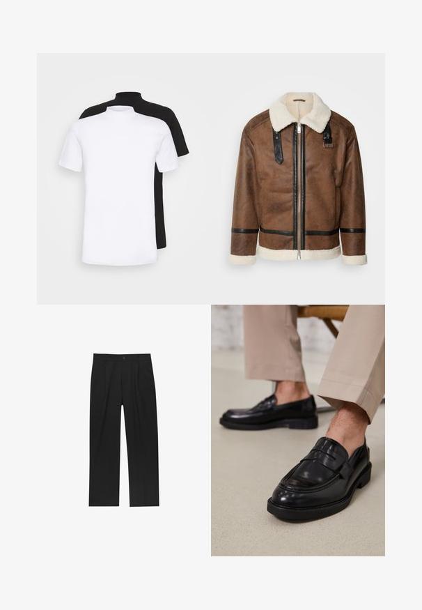 Jachetă din piele maro cu accente negre și guler din blană de oaie. Are fermoar frontal și detalii cu curea pe umeri. Finisaj texturat.; Două tricouri cu mânecă scurtă, unul alb și unul negru, cu un design de guler înalt, fabricate din material de bumbac moale.; Pantaloni negri cu un design drept, fabricați dintr-un material neted. Au plisse în față și un sistem de închidere cu un singur buton la talie.; Loafers negre din piele cu o finisare netedă, având o curea decorativă și cusături contrastante, asortați cu pantaloni bej.