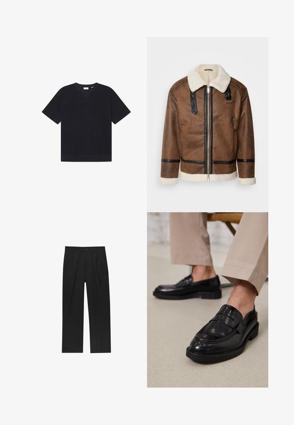 Hnědá kožená bunda s černými akcenty a límcem z ovčí vlny. Obsahuje přední zip a detaily na ramenním popruhu. Texturovaný povrch.; Černé tričko s krátkým rukávem vyrobené z texturovaného materiálu, s kulatým výstřihem a rovním lemem. Bez viditelných vzorů nebo akcentů.; Černé kalhoty s rovnými nohavicemi, vyrobené z hladké tkaniny. Mají přední záhyby a jedno knoflíkové zapínání v pase.; Černé kožené loafers s hladkým povrchem, zdobené páskem a kontrastním prošíváním, spárované s béžovými kalhotami.