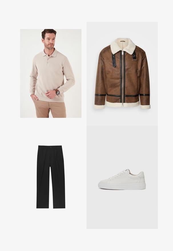 Hnědá kožená bunda s černými akcenty a límcem z ovčí vlny. Obsahuje přední zip a detaily na ramenním popruhu. Texturovaný povrch.; Béžová polo košile s dlouhým rukávem a ribkovou strukturou, s tříknoflíkovou légou a obepnutým lemem. Nositá s kalhotami světlé barvy a hodinkami.; Černé kalhoty s rovnými nohavicemi, vyrobené z hladké tkaniny. Mají přední záhyby a jedno knoflíkové zapínání v pase.; Bílé kožené nízké tenisky s kulatou špičkou, plochou bílou gumovou podrážkou a minimalistickým detailem prošívání. Tkaničky upevněné skrze šest očíček.