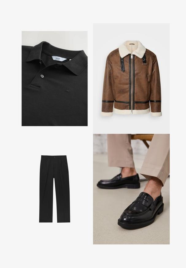 Brązowa skórzana kurtka z czarnymi akcentami i kołnierzem z wełny owczej. Posiada zamek błyskawiczny z przodu i detale na pasku na ramieniu. Teksturowana powierzchnia.; Czarna koszulka polo wykonana z teksturowanej tkaniny, z kołnierzykiem, dwoma guzikami i małym haftowanym logo korony na piersi. Regularny krój.; Czarne spodnie o prostym kroju, wykonane z gładkiego materiału. Posiadają zakładki z przodu i pojedyncze zapięcie na guziki w pasie.; Czarne skórzane mokasyny o gładkim wykończeniu, z dekoracyjnym paskiem i kontrastowym szwem, w połączeniu z beżowymi spodniami.