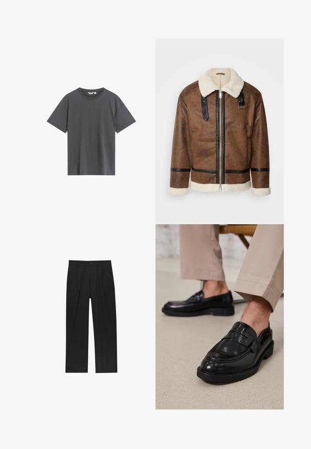 Ruskea nahkatakki mustilla yksityiskohdilla ja lämmittävällä karvatäkilla. Varustettu edessä vetoketjulla ja olkapäähihnalla. Rakenteellinen pinta.; Harmaa t-paita, joka on valmistettu pehmeästä puuvillasta. T-paidassa on klassinen pyöreä kaula-aukko, lyhyet hihat ja rento istuvuus ilman näkyviä kuvioita tai yksityiskohtia.; Mustat housut suoranlahkeisella muotoilulla, valmistettu sileästä kankaasta. Ominaisuuksiin kuuluu etupleateet ja yksi nappikiinnitys vyötäröllä.; Musta nahkakengät, joissa on sileä pinta, koristetasku ja kontrastisomistus, yhdistettynä vaaleanbeigeihin housuihin.