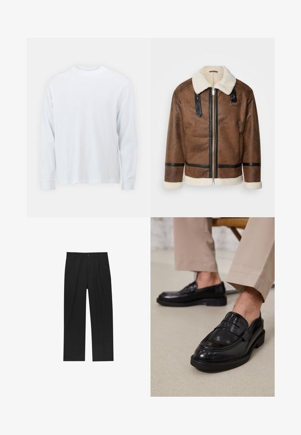 Giacca in pelle marrone con dettagli neri e colletto in pelliccia. Caratterizzata da una cerniera frontale e dettagli sulle spalle. Finitura testurizzata.; T-shirt a maniche lunghe bianco realizzato in cotone, con collo a giro e orlo dritto. Texture liscia, design semplice senza motivi o accenti.; Pantaloni neri con un design a gamba dritta, realizzati in un tessuto liscio. Presentano pieghe frontali e una chiusura a un bottone in vita.; Mocassini in pelle nera con finitura liscia, dotati di una cintura decorativa e cuciture a contrasto, abbinati a pantaloni beige.