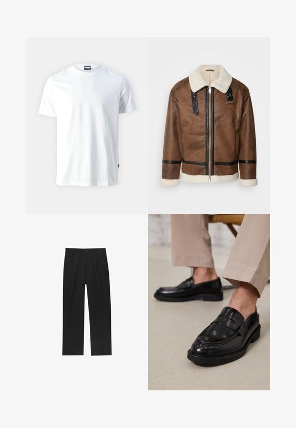 Braune Lederjacke mit schwarzen Akzenten und einem Schaffellkragen. Verfügt über einen Frontreißverschluss und einen Schulterriemen. Strukturierte Oberfläche.; Weiße Baumwoll-Crewneck-T-Shirt mit kurzen Ärmeln, mit einem dezenten geprägten "Joop!"-Logo auf der Brust und geradem Saum.; Schwarze Hose mit geradem Schnitt, aus einem glatten Stoff gefertigt. Verfügt über Vorderfalten und einen einzelnen Knopfverschluss an der Taille.; Schwarze Lederloafers mit glatter Oberfläche, ausgestattet mit einem dekorativen Riemen und Kontrastnähten, kombiniert mit beigen Hosen.
