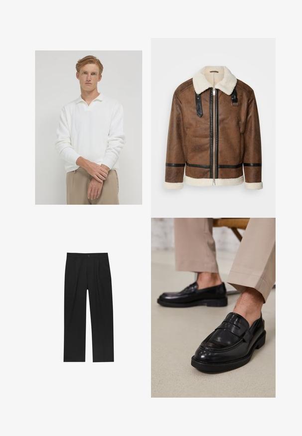 Braune Lederjacke mit schwarzen Akzenten und einem Schaffellkragen. Verfügt über einen Frontreißverschluss und einen Schulterriemen. Strukturierte Oberfläche.; Calliope Poloshirt - bianco; Schwarze Hose mit geradem Schnitt, aus einem glatten Stoff gefertigt. Verfügt über Vorderfalten und einen einzelnen Knopfverschluss an der Taille.; Schwarze Lederloafers mit glatter Oberfläche, ausgestattet mit einem dekorativen Riemen und Kontrastnähten, kombiniert mit beigen Hosen.