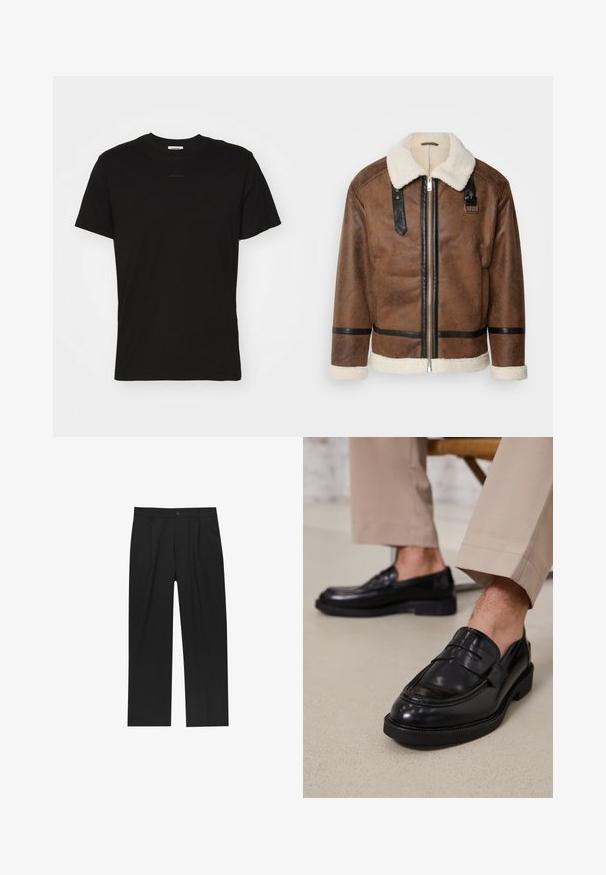 Rjava usnjena jakna z črnimi detajli in ovratnikom iz ovčje kože. Ima sprednji zadrgo in detajle na ramenskem pasu. Teksturiran zaključek.; Črna bombažna majica s klasičnim dizajnom okroglega izreza, kratkimi rokavi in subtilnim logotipom spredaj. Gladka tekstura, brez vzorcev.; Črne hlače z ravnim krojem, narejene iz gladkega materiala. Imajo sprednje gube in enojno zaponko na pasu.; Črne usnjene loafer čevlje z gladko površino, ki imajo okrasno zaponko in kontrastno šivanje, v kombinaciji s bež hlačami.