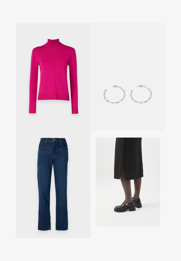 Manteau noir rembourré avec une grande capuche, taille ceinturée et manches longues. Présente des coutures horizontales et une texture lisse et mate.; Pull col roulé ajusté en rose vif, en tissu tricoté côtelé, avec des manches longues et un ourlet droit avec des poignets côtelés.; Jean droit en denim bleu foncé avec un design à cinq poches, des coutures orange et une fermeture à bouton au niveau de la taille.; Chaussures noires en cuir avec un bout arrondi, un épais talon bloc et des accents latéraux élastiques, associées à des bas foncés et une jupe noire avec une fente.; Boucles d'oreilles en argent en forme de créoles avec un design torsadé, dotées d'une finition polie et d'une fermeture à poussoir. Mesurent environ 3 cm de diamètre.