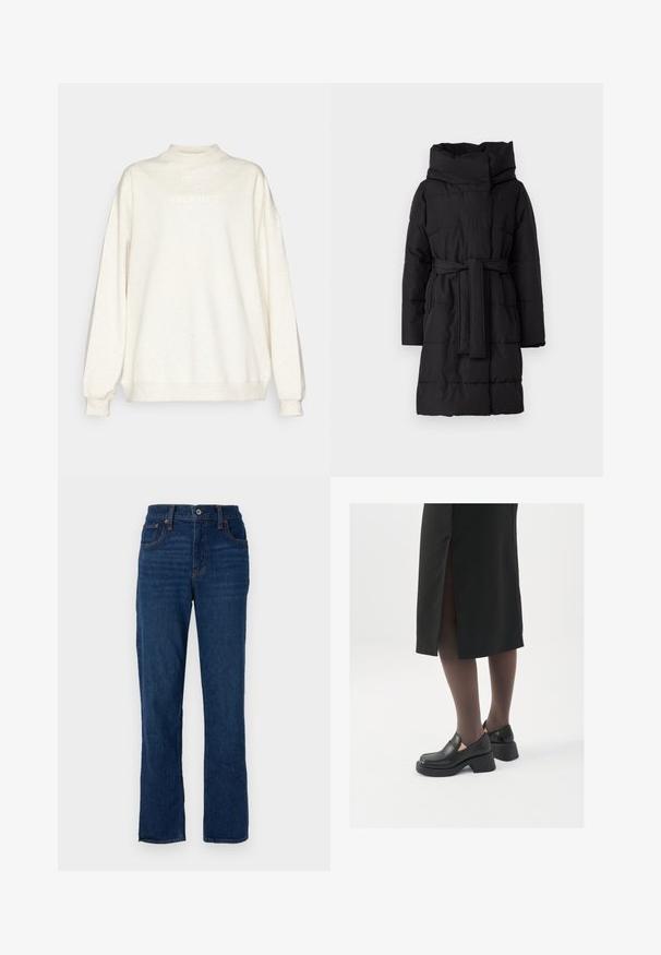 Černý zateplený kabát s velkou kapucí, opaskem v pase a dlouhými rukávy. Má horizontální prošívání a hladkou, matnou texturu.; Krémová mikina s imitací výstřihu, spadlými rameny a dlouhými rukávy. Na přední straně se nachází slovo "Fabletics" v světle písmu.; Tmavě modré džíny rovného střihu s pěti kapsami, oranžovým prošíváním a knoflíkovým zapínáním na pase.; Černé kožené boty s kulatou špičkou, silným blokovým podpatkem a elastickými bočními akcenty, spárované s tmavými punčochami a černou sukní se rozparkem.