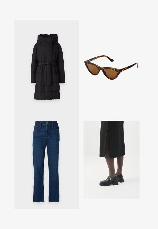 Abrigo acolchado negro con una gran capucha, cintura ajustada y mangas largas. Presenta costuras horizontales y una textura lisa y mate.; Top de tirantes blanco sin mangas hecho de tela acanalada, con un escote redondeado y una silueta ajustada, con costuras mínimas y sin adornos.; Jeans de mezclilla azul oscuro con corte recto, diseño de cinco bolsillos, costuras en color naranja y cierre de botón en la cintura.; Zapatos de piel negra con punta redondeada, tacón grueso y bloque, y acentos elásticos en los laterales, combinados con unos pantys oscuros y una falda negra con una abertura.; Gafas de sol estilo ojo de gato con montura de carey negra y naranja, lentes marrones y puntas elegantes y afiladas. Presenta un logo minimalista en la patilla.