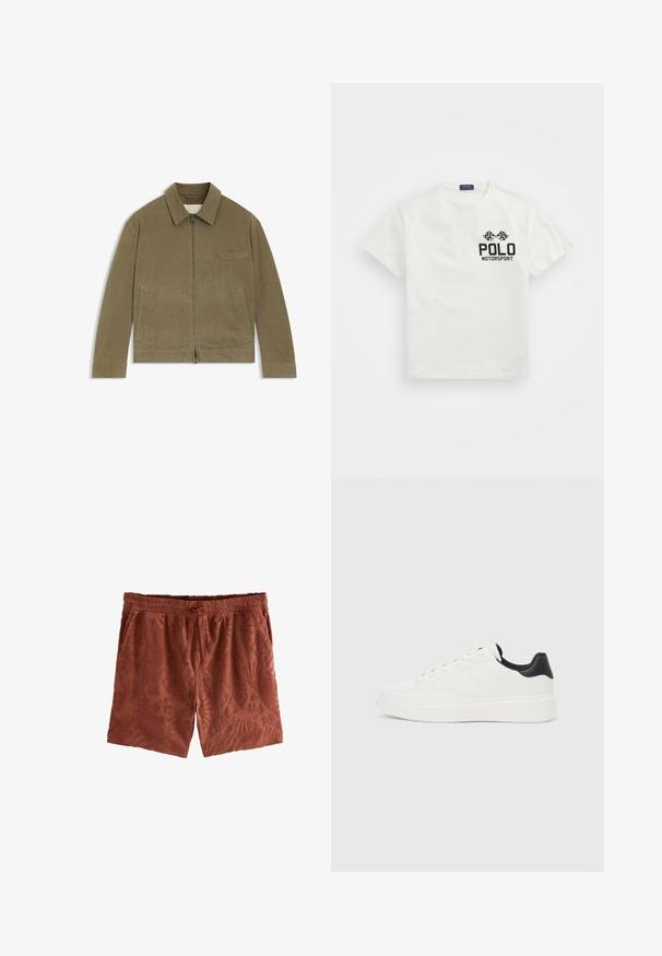 Olivgrüne Zip-Jacke aus strukturiertem Stoff mit Kragen, seitlichen Taschen und einer Brusttasche für praktische Nutzung.; Weißes Baumwoll-T-Shirt mit Rundhalsausschnitt, das auf der linken Brust ein schwarzes "Polo Motorsport"-Logo und gekreuzte Zielflaggen zeigt.; Rostfarbene Badeshorts aus strukturiertem Stoff mit erhabenem Blumenmuster, elastischem Bund und Kordelzugverschluss.; Weißes Leder-Sneaker mit geprägtem Muster, strukturierter weißer Zwischensohle und schwarzen Akzenten an der Ferse. Verfügt über eine abgerundete Zehenpartie und flache Schnürsenkel.