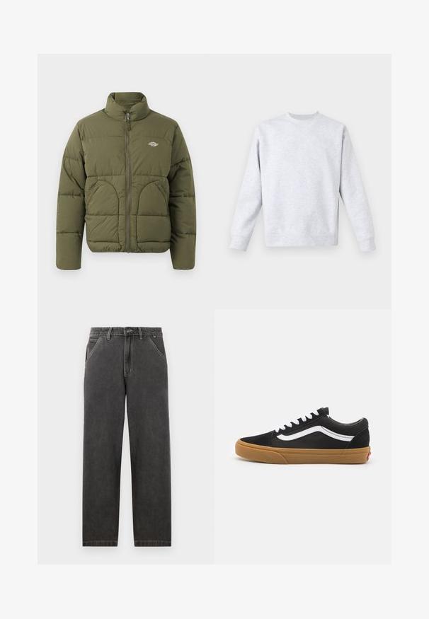 Casaco de alças verde-oliva com gola alta, fecho completo, costura horizontal e dois bolsos laterais. Apresenta um pequeno logótipo no peito.; Sweatshirt cinza claro feito de tecido suave, com decote redondo, mangas longas e punhos e bainha canelados. Design minimalista sem padrões.; Calças de ganga cinza-escuras com um corte reto, apresentando costuras brancas em contraste, fecho de botão e bolsos laterais.; Ténis de camurça preta com risca lateral branca, atacadores brancos e sola de borracha tipo gum. Design clássico de baixo com pormenores texturizados e bico arredondado.