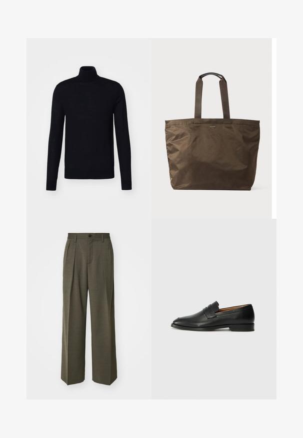 Filippa K DOUBLE BREASTED - Klasszikus kabát - black; Fekete garbós pulóver, hosszú ujjak, testhez simuló fazon, kötött textúra, puha anyag, nincs látható minta vagy kiegészítő.; Filippa K WIDE TROUSERS - Nadrágok - driftwood; Fekete bőr mokaszin, kerek orral, diszkrét varrásokkal és alacsony sarokkal, sima felülettel és minimalista dizájnnal.; Barna nylon tote táska, két szövet fogantyúval és sima textúrával. Elöl minimális márkázás található.