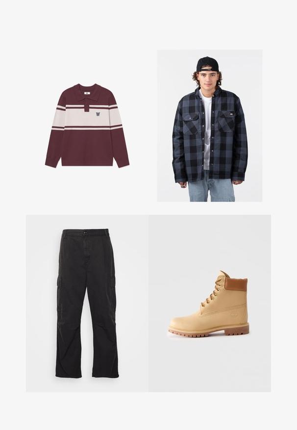 Black and gray checkered flannel shirt with two chest pockets, snap-button closure, and a relaxed fit. Worn over a white t-shirt.; DOUBLE A BY W.W. WWTAY CARDIGAN 25081 - Cardigan - decadent chocolate melange; Long-sleeve burgundy polo shirt with white horizontal stripes, two buttons, and a black "W" logo on the left chest.; White long-sleeve button-up shirt with a collar, front pocket, and subtle texture. Front placket features buttons and a small logo detail.; Black cargo pants with a straight-leg design, featuring two side pockets, a button closure, and a textured fabric.; Light brown leather ankle boot with padded collar, gold eyelets, tan laces, and thick lug sole on plain light background.