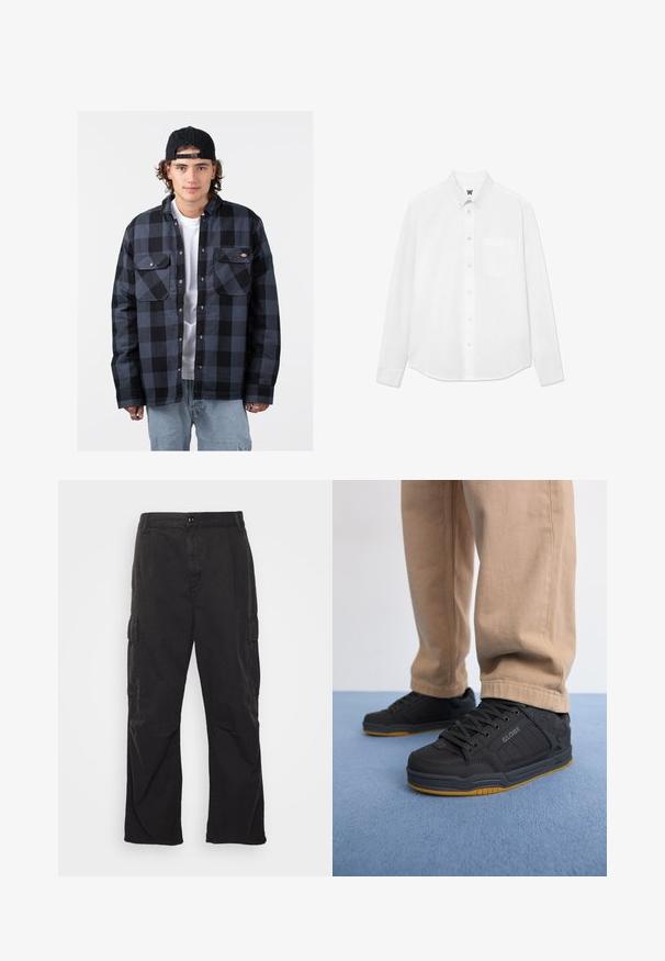 Czarna i szara koszula flanelowa w kratę z dwoma kieszeniami na piersi, zapięciem na napy i luźnym krojem. Nosi się ją na białej koszulce.; Biała koszula z długim rękawem, zapinana na guziki, z kołnierzykiem, przednią kieszenią i subtelną fakturą. Zapięcie z przodu zdobią guziki oraz mały detal z logo.; Czarne spodnie cargo z prostym krojem nogawki, z dwoma bocznymi kieszeniami, zapięciem na guzik i teksturowanym materiałem.; Czarne buty do skateboardingu z teksturowaną syntetyczną cholewką, amortyzowaną podeszwą, szarymi sznurówkami i gumową podeszwą. Noszone z jasnobeżowymi spodniami.