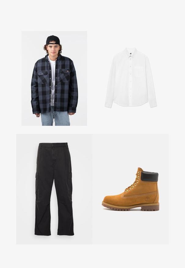 Camisa de franela a cuadros en negro y gris con dos bolsillos en el pecho, cierre de botones a presión y un corte relajado. Llevada sobre una camiseta blanca.; Camisa blanca de manga larga con botones y cuello, bolsillo frontal y una textura sutil. La tapeta delantera tiene botones y un pequeño detalle del logo.; Pantalones cargo negros con un diseño de pierna recta, que cuentan con dos bolsillos laterales, un cierre de botón y una tela texturada.; Botín de ante marrón claro con collar acolchado negro, ojales de metal dorado, detalles de costura blanca y suela de goma resistente con tacos pronunciados.