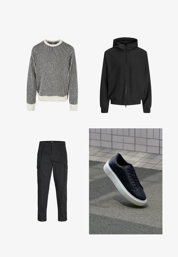 Mustapukuinen hupullinen takki, jossa on vetoketju edessä, raglan-hihat, sivutaskut ja elastiset hihansuut. Valmistettu sileästä kankaasta ja siinä on väljä istuvuus.; Mustavalkoruudullinen neulepaita, jossa on pyöreä pääntie, röyhelökuvio ja pitkät hihat. Alahelma ja hihansuissa on kiinteät valkoiset korostukset.; Mustat cargo-housut, jotka on valmistettu kestävästä kankaasta. Housuissa on useita taskuja, nappisulku ja kapea istuvuus, jossa on kapenevat lahkeet.; Mustat nahkakengät, joissa on pyöristetty kärki ja valkoinen kumipohja. Varusteena litteät nauhat ja minimaalinen ommel ylhäällä. Teksturoitu pohja pitävyyden lisäämiseksi.