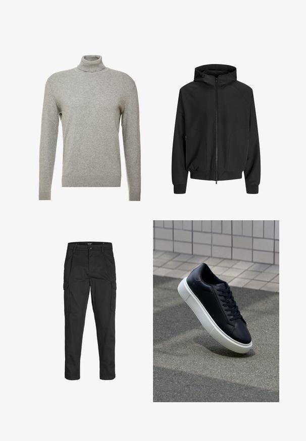 Črna jopica s kapuco in zadrgo spredaj, raglan rokavi, stranske žepke in elastične manšete. Narejena iz gladkega blaga z ohlapnim krojem.; Siv pulover s visokim ovratnikom in dolgimi rokavi. Narejen iz gladkega, mehkega materiala s prilegajočo se zasnovo in rebrastimi detajli na robu.; Črne cargo hlače iz trdnega blaga, ki imajo več žepov, gumbasto zapiranje in ozek kroj z zožanimi nogami.; Črne usnjene superge z zaobljenim prstom in belim gumijastim podplat. Imajo ravne vezalke in minimalno šivanje na zgornjem delu. Teksturirani podplat za oprijem.
