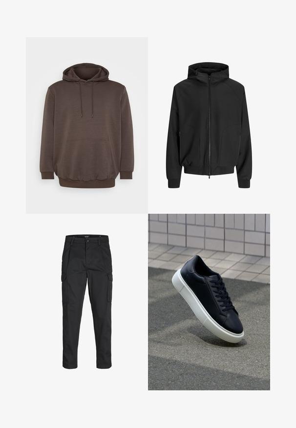 Černá kapucová bunda se zipem vpředu, raglánovými rukávy, bočními kapsami a elastickými manžetami. Vyrobena z hladké látky s volným střihem.; Hnědá mikina vyrobená z měkké látky, s přední kapsou, šňůrami na stažení a žebrovanými manžetami a lemem. Jednoduchý design bez vzorů.; Černé cargo kalhoty vyrobené z odolné tkaniny, s mnoha kapsami, knoflíkovým zapínáním a slim fit střihem se zúženými nohavicemi.; Černé kožené tenisky s kulatou špičkou a bílou gumovou podrážkou. mají ploché tkaničky a minimální šití na svršku. Texturovaná podrážka pro lepší přilnavost.