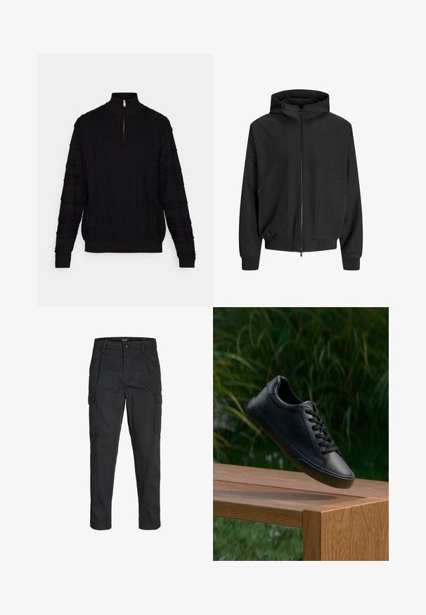 Črna jopica s kapuco in zadrgo spredaj, raglan rokavi, stranske žepke in elastične manšete. Narejena iz gladkega blaga z ohlapnim krojem.; Črn pulover s high ovratnikom in kratkim zadrgo, z teksturiranim pletenim vzorcem ter rebrastimi manšetami in robom.; Črne cargo hlače iz trdnega blaga, ki imajo več žepov, gumbasto zapiranje in ozek kroj z zožanimi nogami.; Črne usnjene superge z gladko teksturo, okroglo špicasto konico in ravnimi vezalkami, postavljene nad leseno površino z zeleno travo v ozadju.