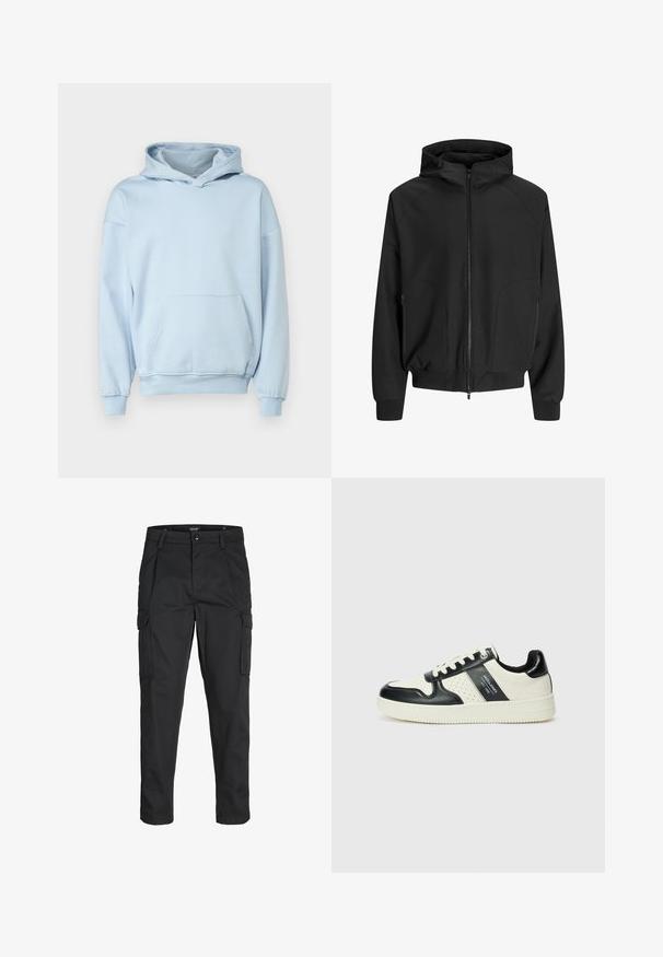Černá kapucová bunda se zipem vpředu, raglánovými rukávy, bočními kapsami a elastickými manžetami. Vyrobena z hladké látky s volným střihem.; Only & Sons ONSCONNOR - Mikina s kapucí - skyway; Černé cargo kalhoty vyrobené z odolné tkaniny, s mnoha kapsami, knoflíkovým zapínáním a slim fit střihem se zúženými nohavicemi.; Kožené tenisky s černobílou barevnou kombinací, které mají perforované detaily, polstrovaný límec a texturovanou podrážku.