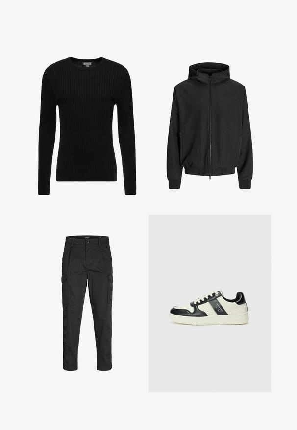 Svart huva jacka med dragkedja framtill, raglanärmar, sidofickor och elastiska manschetter. Tillverkad av ett slätt tyg med lös passform.; Svart, ribbad långärmad tröja med rundad halsringning; textil med struktur som har vertikala linjer; figurnära passform; inga synliga prydnader eller detaljer.; Svarta cargobyxor tillverkade av hållbart tyg, med flera fickor, knappstängning och en smal passform med avsmalnande ben.; Läder sneakers med en svart och krämfärgad färgsättning, med perforerade detaljer, en vadderad krage och en strukturerad yttersula.