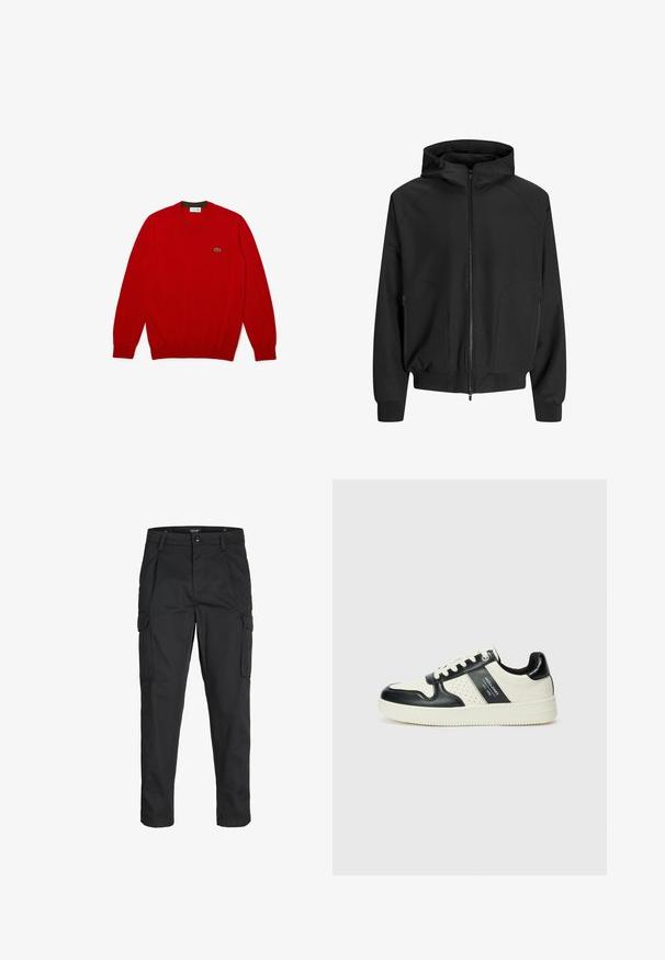 Giacca nera con cappuccio, apertura con zip, maniche raglan, tasche laterali e polsini elastici. Realizzata in tessuto morbido con una vestibilità ampia.; Maglione rosso lavorato a maglia con una texture a coste, maniche lunghe, collo rotondo e un piccolo logo verde sul petto. Orlo dritto nella parte inferiore.; Pantaloni cargo neri realizzati in un tessuto resistente, dotati di molteplici tasche, chiusura con bottone e un design aderente con gambe affusolate.; Sneakers in pelle con una combinazione di colori nero e crema, dotati di dettagli perforati, collare imbottito e suola testurizzata.