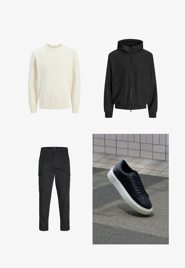 Veste à capuche noire avec fermeture éclair à l'avant, manches raglan, poches latérales et poignets élastiques. Fabriquée à partir d'un tissu lisse avec une coupe ample.; Pull crème à côtes avec un col rond, des manches longues et des poignets élastiques. Le tissu semble texturé et légèrement extensible.; Pantalons cargo noirs en tissu résistant, dotés de plusieurs poches, d'une fermeture par bouton et d'une coupe slim avec des jambes fuselées.; Baskets noires en cuir avec bout arrondi et semelle en caoutchouc blanc. Elles présentent des lacets plats et une couture minimale sur la tige. Semelle texturée pour une bonne adhérence.