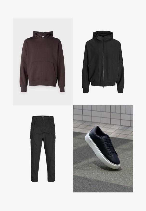 Čierna kapucňová bunda so zipsom vpredu, raglánovými rukávmi, bočnými vreckami a elastickými manžetami. Vyrobená z hladkej tkaniny s voľným strihom.; Hnedá mikina s kapucňou vyrobená z mäkkého materiálu, so predným vreckom, rebrovanými manžetami a lemom, s klasickým tvarom do A.; Čierne cargo nohavice z odolnej látky, s viacerými vreckami, gombíkovým zapínaním a úzkym strihom so zúženými nohavicami.; Čierne kožené tenisky s okrúhlou špičkou a bielou gumovou podrážkou. Majú ploché šnúrky a minimálne šitie na vrchu. Textúrovaná podrážka pre lepšiu priľnavosť.