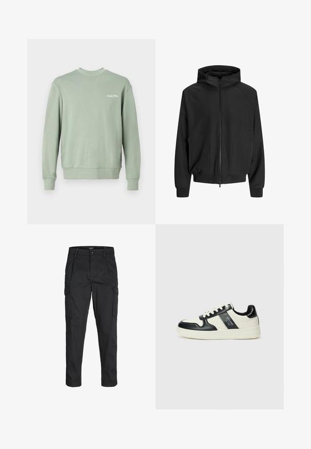 Zwarte hoodiejack met rits aan de voorkant, raglanmouwen, zijzakken en elastische manchetten. Gemaakt van een soepele stof met een losse pasvorm.; Lichtgroen sweatshirt gemaakt van zachte stof, met een ronde hals, lange mouwen, geribde manchetten en "Club1990" bedrukt op de borst.; Zwarte cargobroek van stevig stof, met meerdere zakken, een knoopsluiting en een slim fit ontwerp met taps toelopende benen.; Leren sneakers met een zwart en crèmekleurig kleurenschema, voorzien van geperforeerde accenten, een gevoerde kraag en een gestructureerde buitenzool.