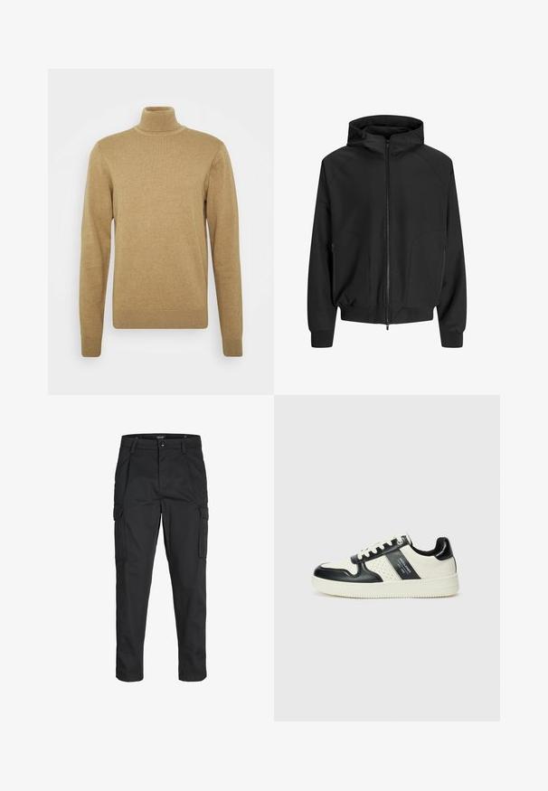 Mustmust kapuutsi ja lukuga, raglan varrukad, küljetaskud ja elastsed mansetid. Valmistatud siledast kangast, lõdva lõikega.; Beige kõrge kaelusega sveter, mis on valmistatud pehmest kudumisest. Omab pikki varrukaid ja istuvat lõiget. Ribitud äärise ja kaeluse aktsendid.; Mustad mustapõlvik, mis on valmistatud tugeva koe kasutades, sisaldab mitmeid taskuid, nupule kinnitatav sulgemine ja kitsenev disain.; Nahatud nahkkingad musta ja kreemi värviskeemiga, millel on perforeeritud aktsendid, pehme krae ja tekstureeritud tallad.