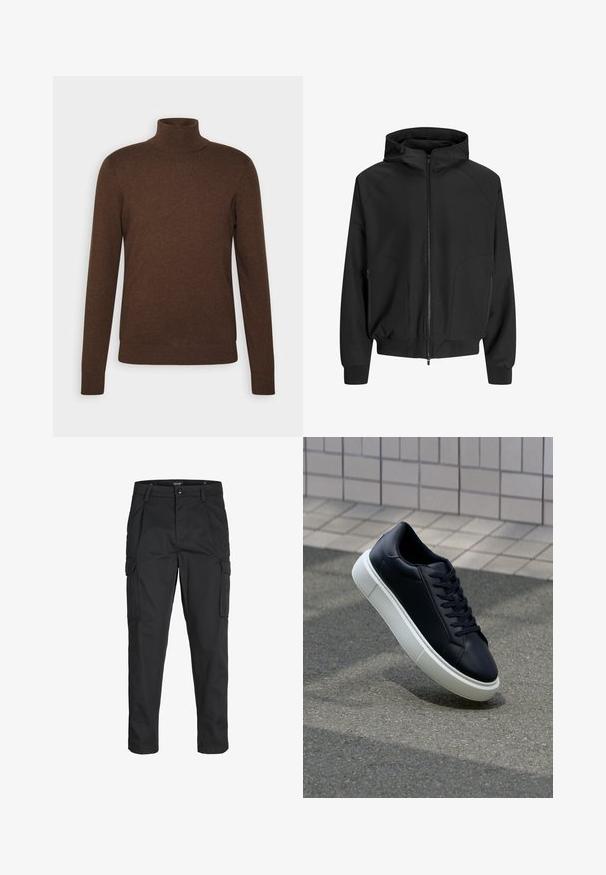 Schwarze Kapuzenjacke mit Reißverschluss, Raglanärmeln, seitlichen Taschen und elastischen Bündchen. Hergestellt aus glattem Stoff mit lockerer Passform.; Brauner Rollkragenpullover aus weichem Material, mit langen Ärmeln, tailliertem Design und gerippten Akzenten am Kragen und Saum.; Schwarze Cargo-Hose aus robustem Material, mit mehreren Taschen, einem Knopfverschluss und einem Slim-Fit-Design mit schmal zulaufenden Beinen.; Schwarze Leder-Sneaker mit runder Zehenpartie und weißer Gummisohle. Verfügt über flache Schnürsenkel und minimale Nähte im Obermaterial. Strukturiertes Sohlenprofil für besseren Halt.