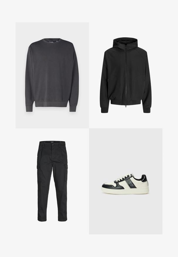 Jachetă neagră cu glugă și fermoar pe față, cu mâneci raglan, buzunare laterale și manșete elastice. Fabricată dintr-un material neted, cu o croială lejeră.; Hanorac gri închis cu guler rotund, mâneci lungi și manșete și tiv plisate. Fabricat dintr-un material moale, texturat. Design simplu, fără logo-uri vizibile.; Pantaloni cargo negri dintr-un material rezistent, cu multiple buzunare, închidere cu nasture și un design slim fit cu picioare conice.; Tenisi din piele cu un scheme de culori negru și crem, dotati cu accente perforate, guler căptușit și o talpă texturată.